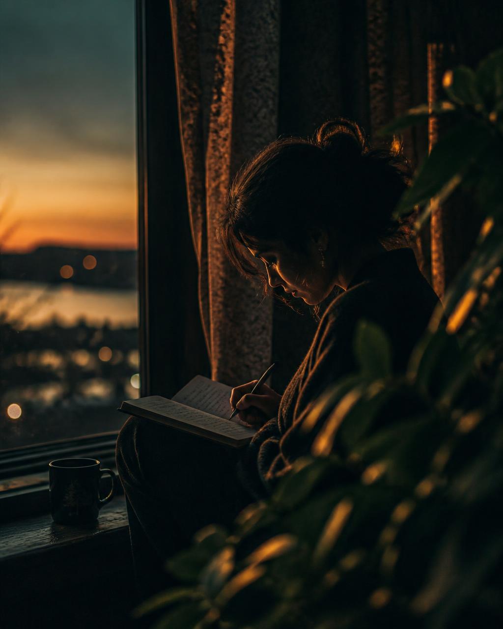 A person sitting by a window at dusk, writing in a journal